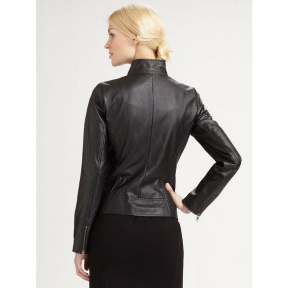 Eileen Fisher Black Genuine Leather Moto Jacket - Picture 3 of 8